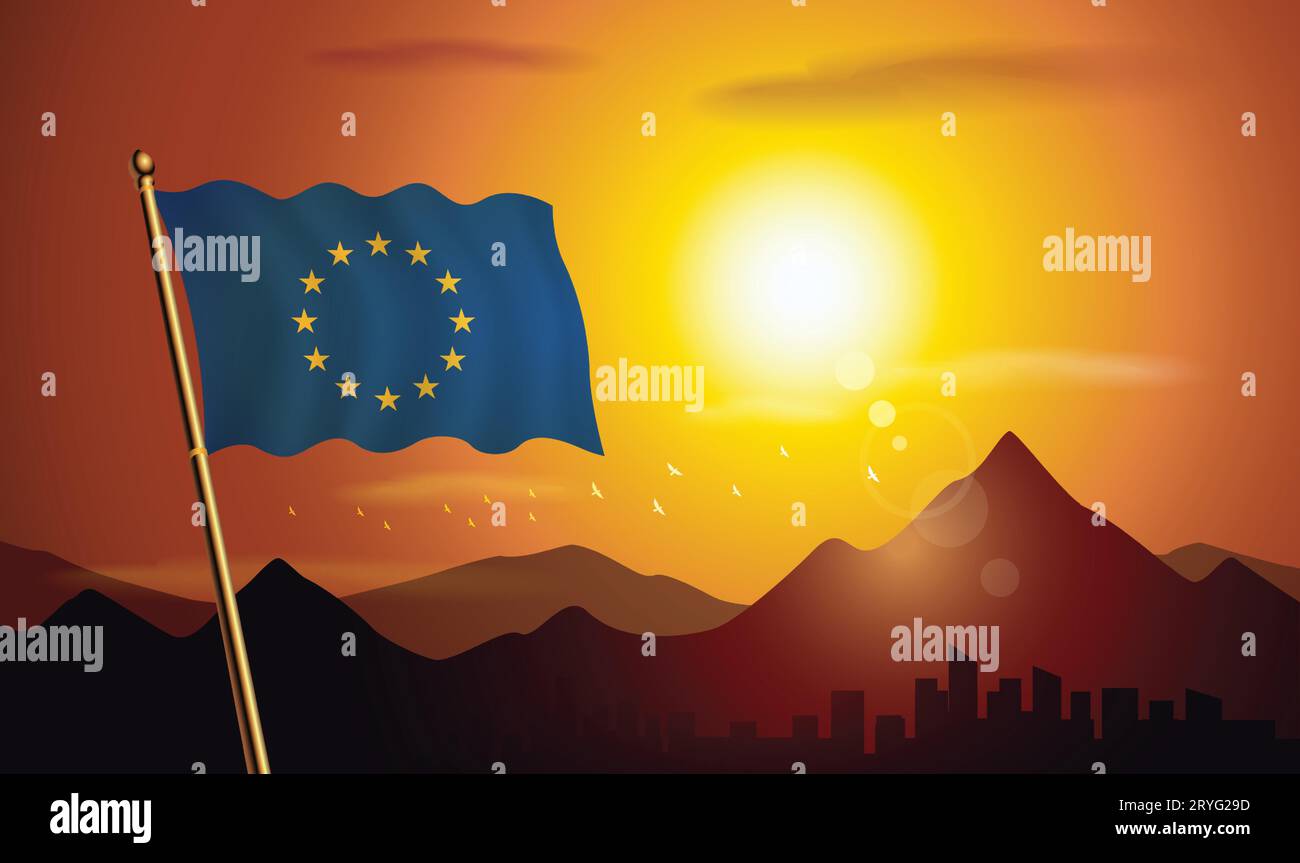 Bandiera dell'Unione europea con sfondo al tramonto di montagne e laghi Illustrazione Vettoriale