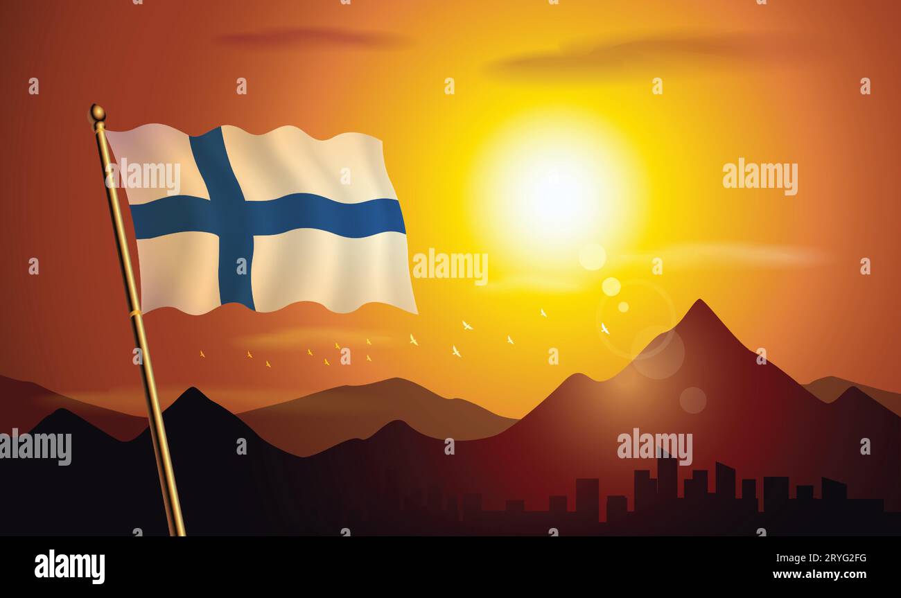 Bandiera finlandese con sfondo al tramonto di montagne e laghi Illustrazione Vettoriale