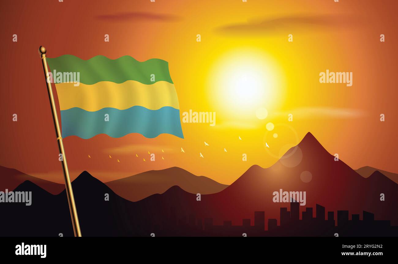 Bandiera del Gabon con sfondo al tramonto di montagne e laghi Illustrazione Vettoriale