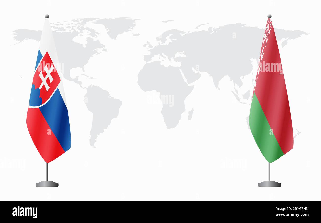 Bandiere slovacche e bielorusse per un incontro ufficiale sullo sfondo della mappa mondiale. Illustrazione Vettoriale