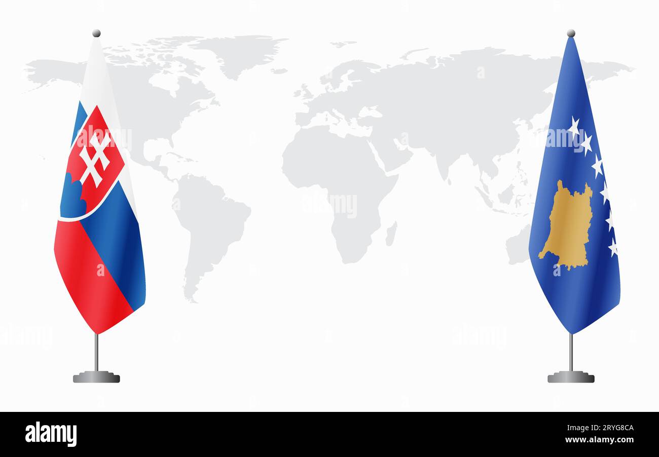 Slovacchia e Kosovo bandiere per un incontro ufficiale sullo sfondo della mappa mondiale. Illustrazione Vettoriale