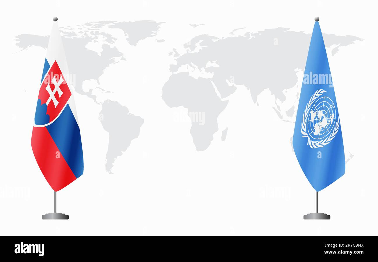 Bandiere della Slovacchia e delle Nazioni Unite per un incontro ufficiale sullo sfondo della mappa mondiale. Illustrazione Vettoriale