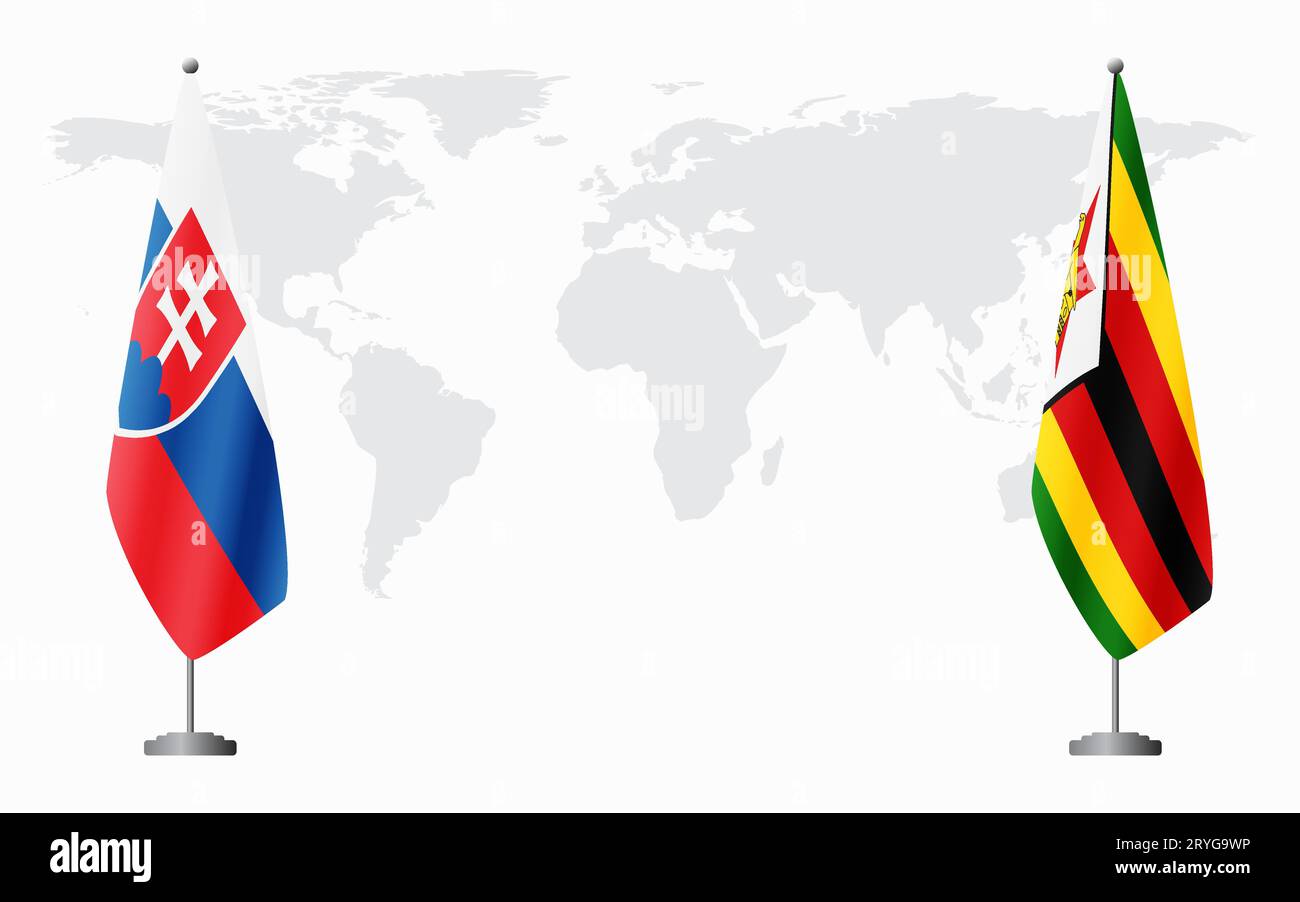 Slovacchia e Zimbabwe bandiere per un incontro ufficiale sullo sfondo della mappa mondiale. Illustrazione Vettoriale