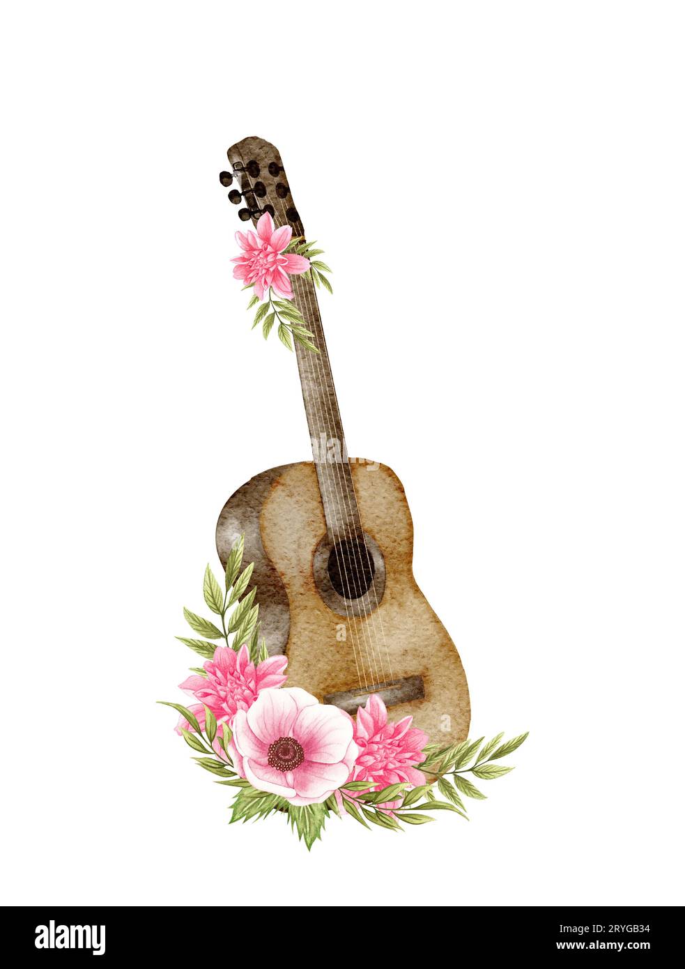 Chitarra floreale acquerello. Cowboy chitarra e fiori. Casa colonica rustico isolato clipart Foto Stock