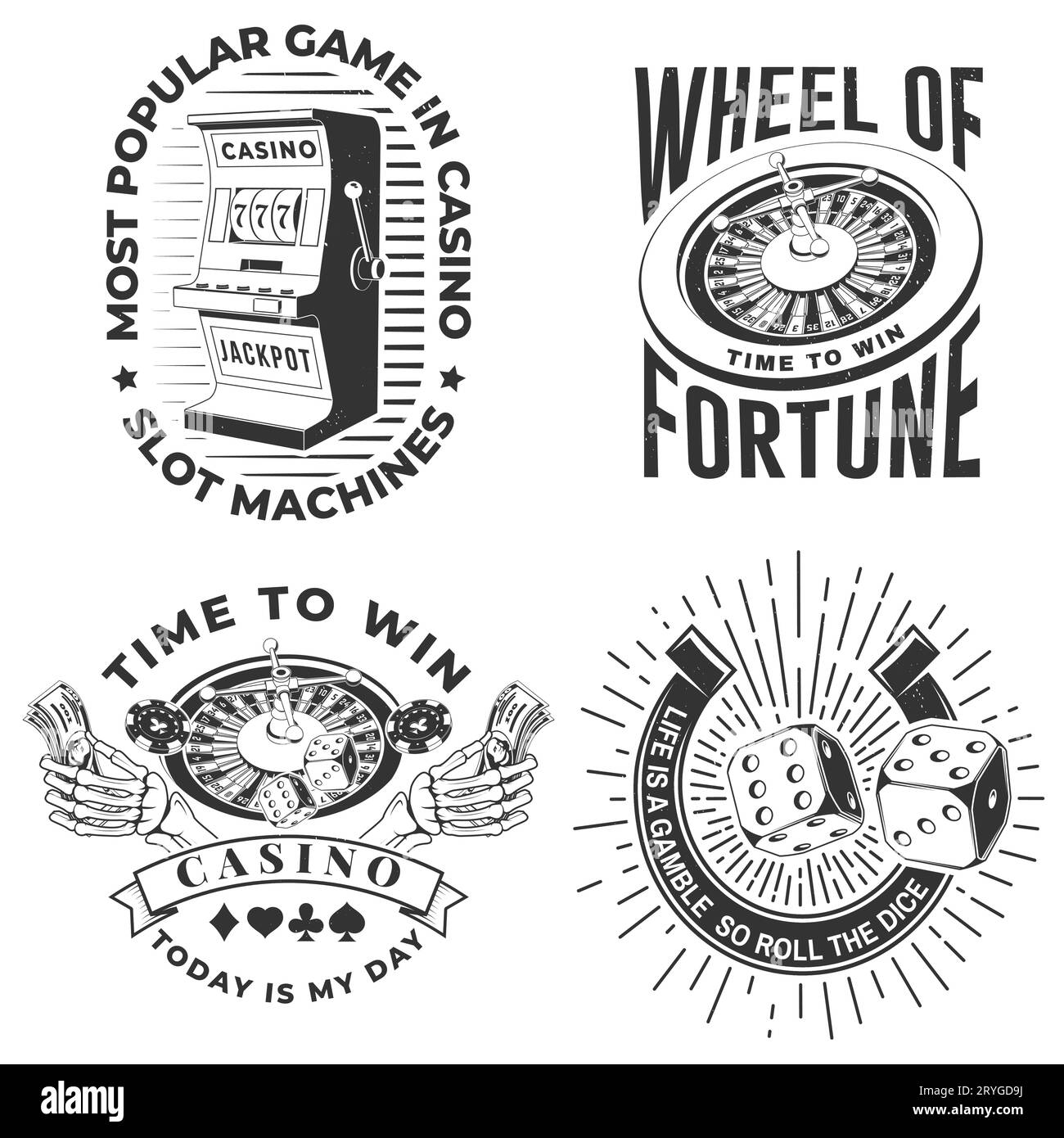 Set di stampa vintage, logo, badge con ruota della fortuna, due dadi, scheletro che regge il dollaro, silhouette della carta da poker. Vettore Illustrazione Vettoriale
