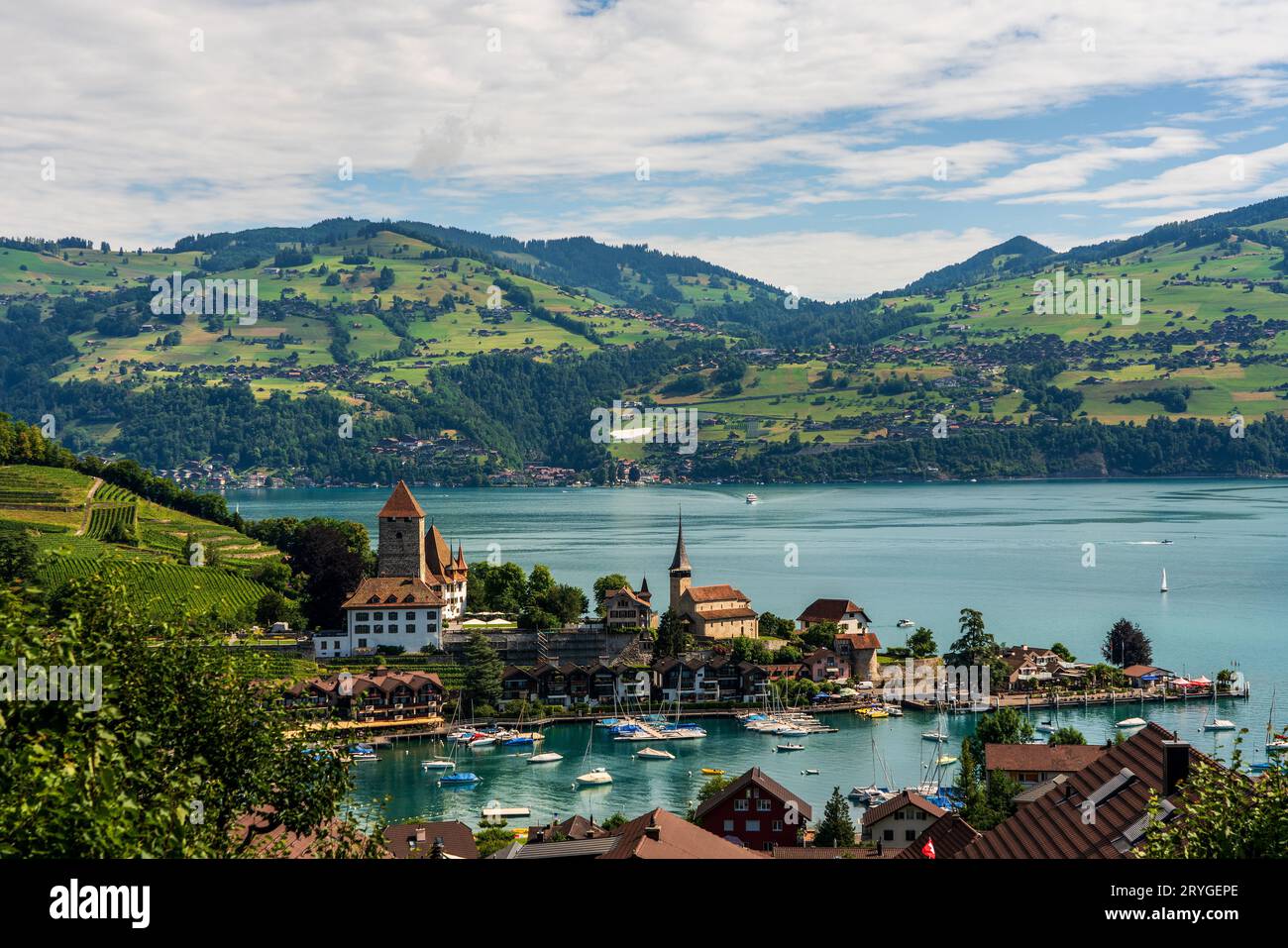Vista della baia di Spiez sul lago Thun in Svizzera. Foto Stock