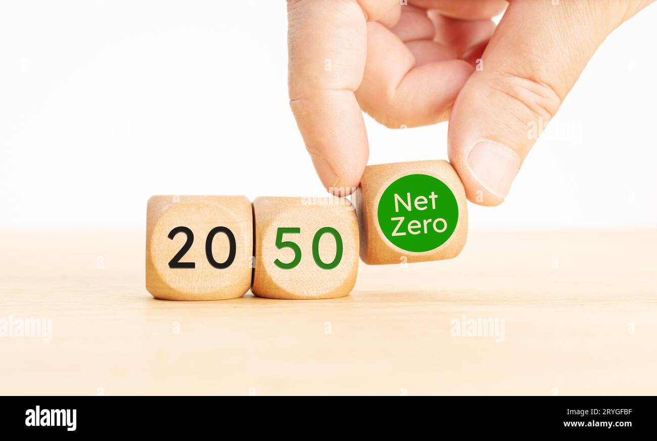 2050 anni Net zero carbon neutral Concept. Scegliere a mano un simbolo netto zero blocchi di legno con testo. Spazio di copia Foto Stock