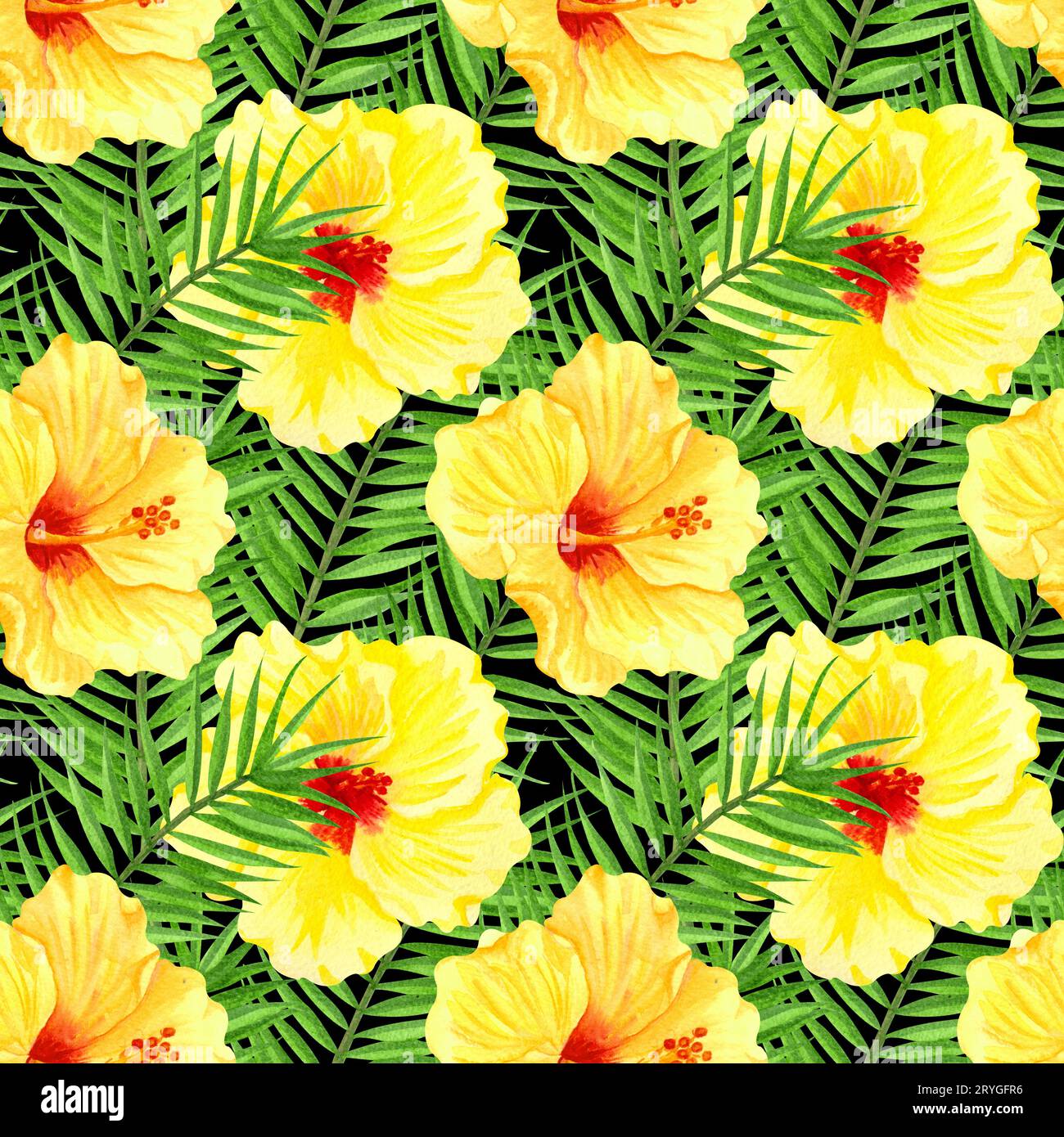 Motivo floreale tropicale senza cuciture acquerello. Ibisco giallo e foglie di palma su sfondo nero. Acquerello disegnato a mano senza cuciture Foto Stock