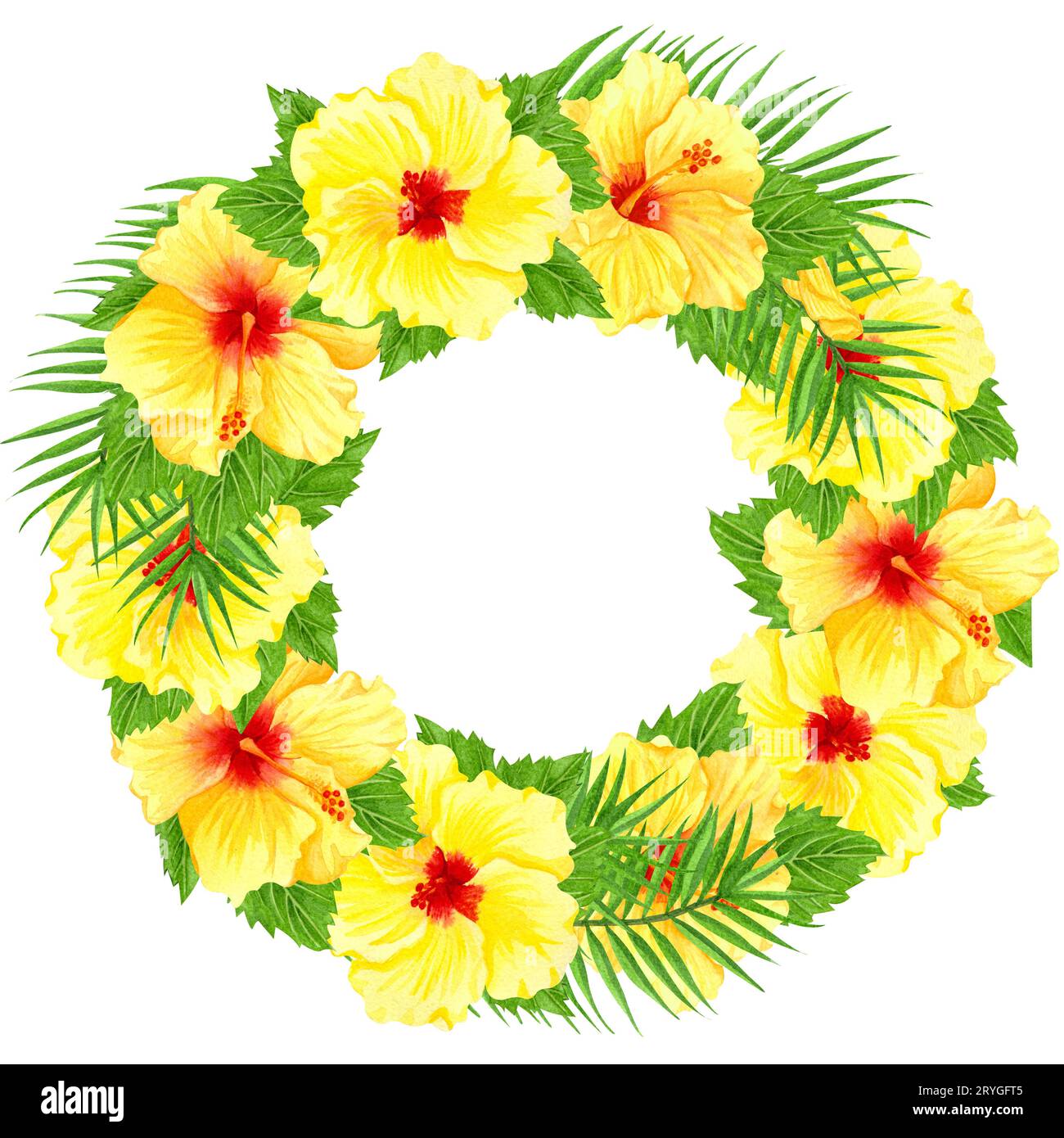 Cornice rotonda acquerello con fiori di ibisco gialli. Bordo floreale disegnato a mano con fiori e foglie tropicali. Invitati a nozze Foto Stock