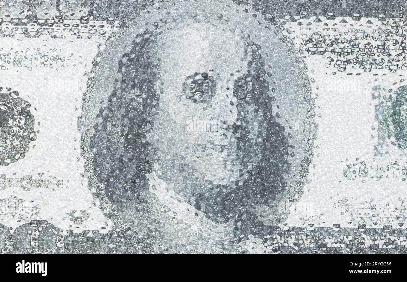 Sfondo astratto di una banconota da cento dollari. Effetto fotografico in vetro Foto Stock
