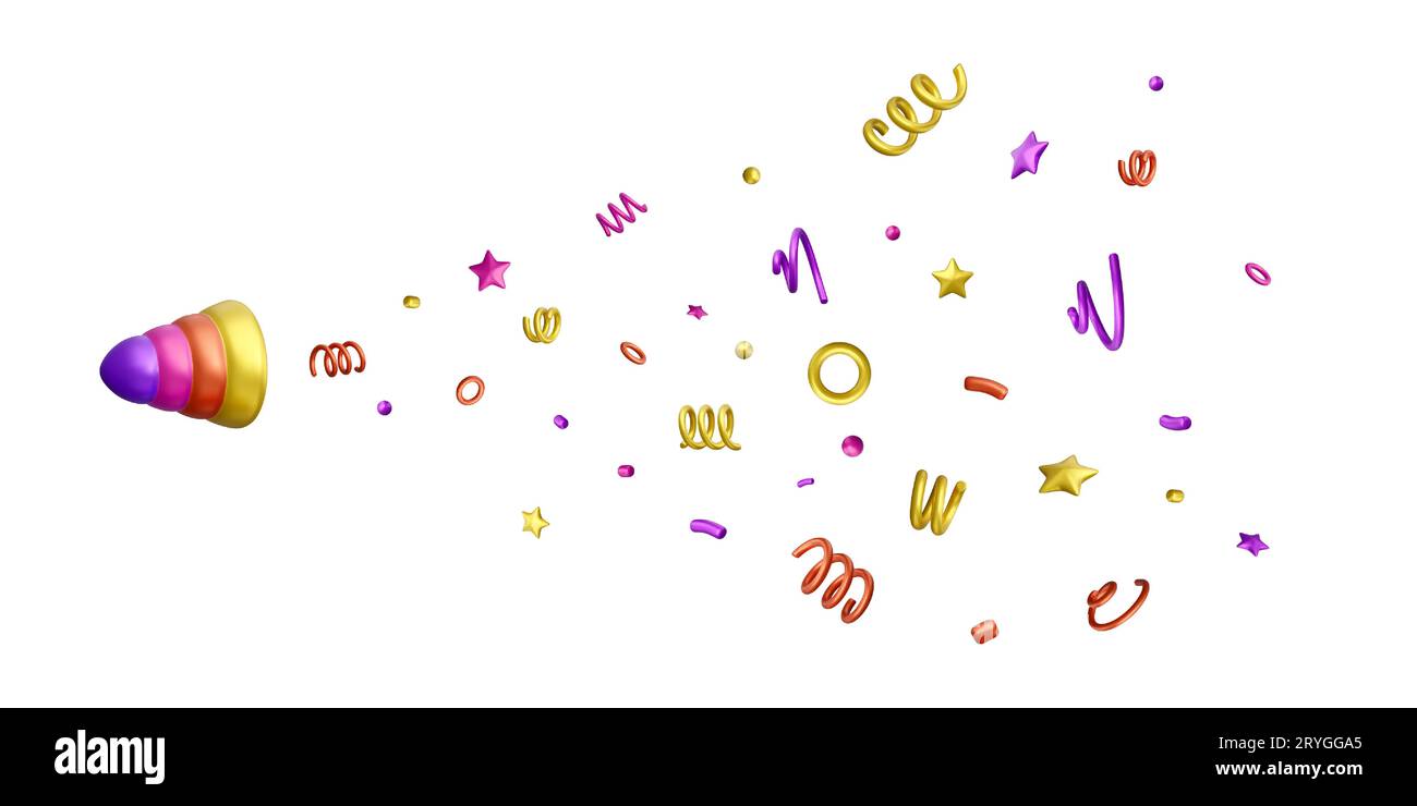 pop party 3D. Rendering a cartoni animati di party cracker a colori con coriandoli. Illustrazione vettoriale Illustrazione Vettoriale