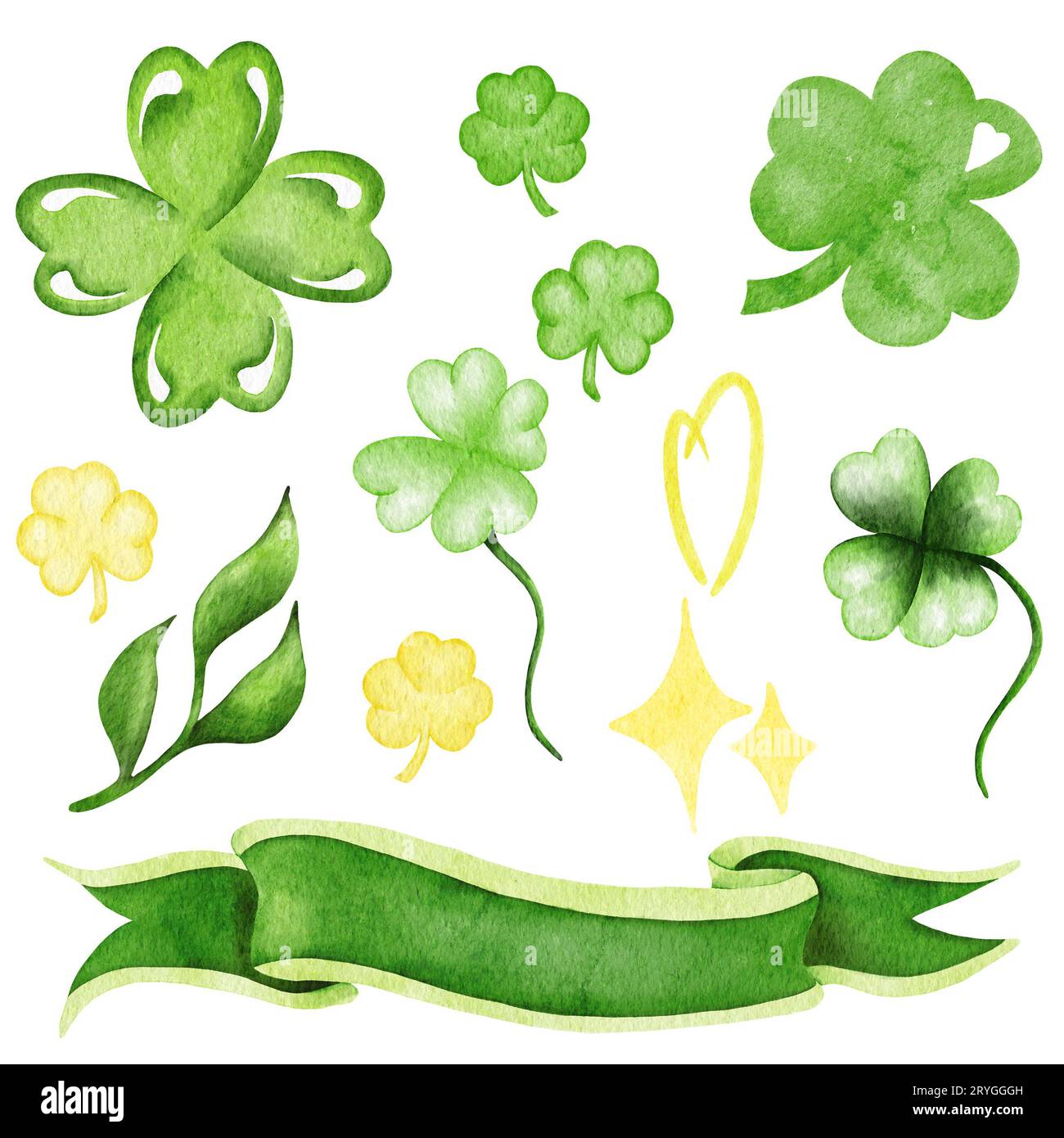 St Acquerello del giorno di Patrick con foglie verdi, edera, trifoglio. Illustrazione di festa e foglia di trifoglio di acquerello Foto Stock