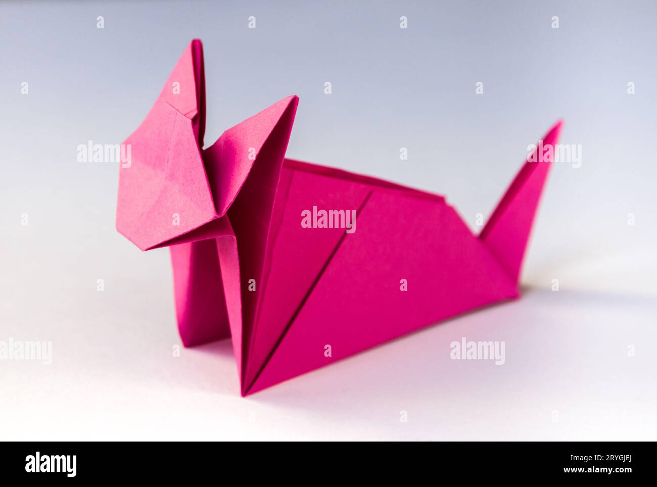 Origami di gatto di carta rosa isolato su uno sfondo bianco Foto Stock