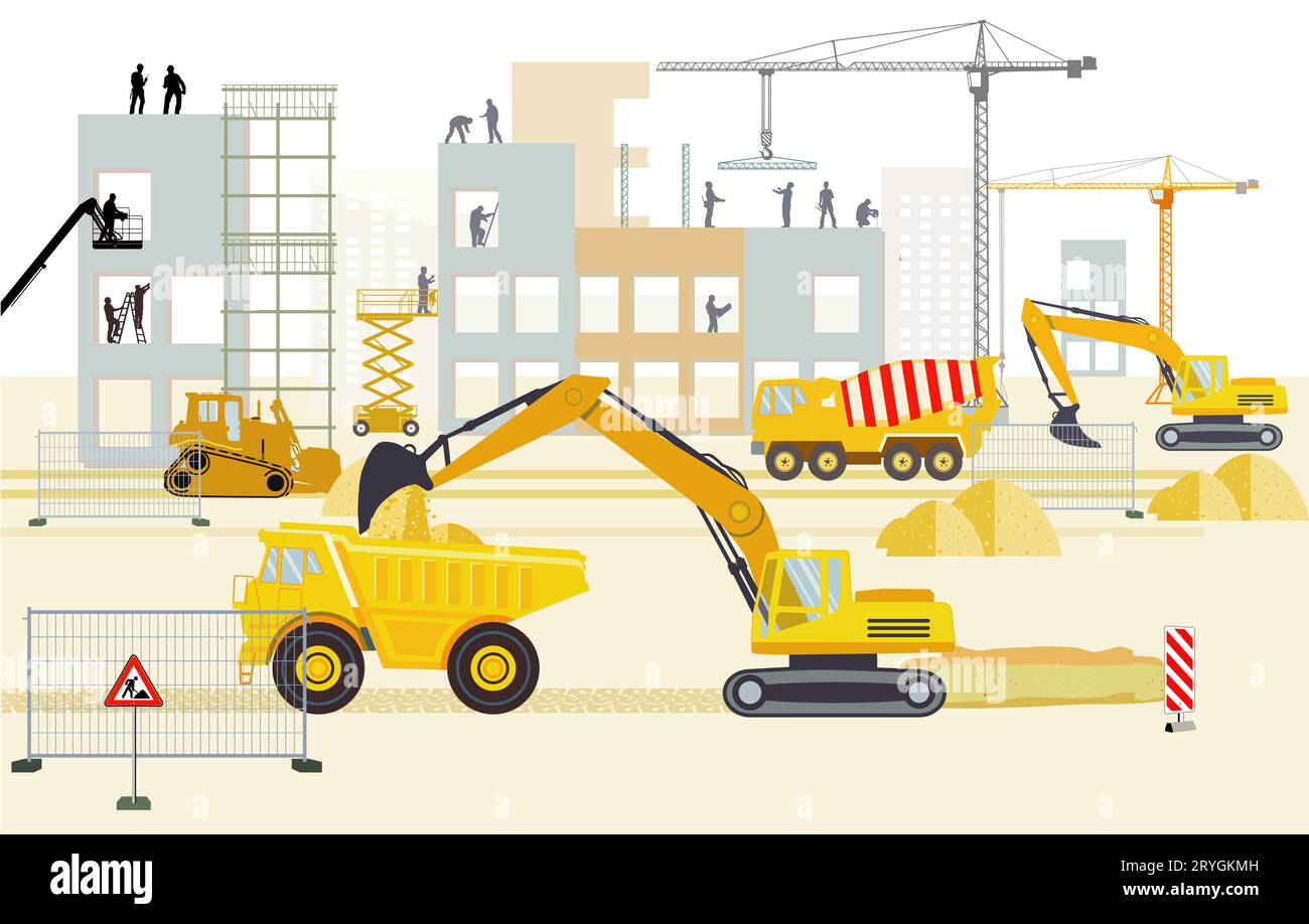 Azienda di costruzione con costruttori e macchine da costruzione illustrazione Foto Stock
