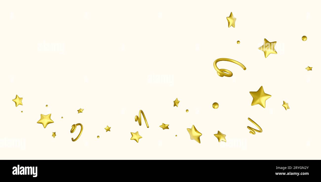 Coriandoli 3D Party con stella, spirali e nastro a serpentina. Elementi decorativi Golden Festive per banner e poster. Illustrazione vettoriale Illustrazione Vettoriale