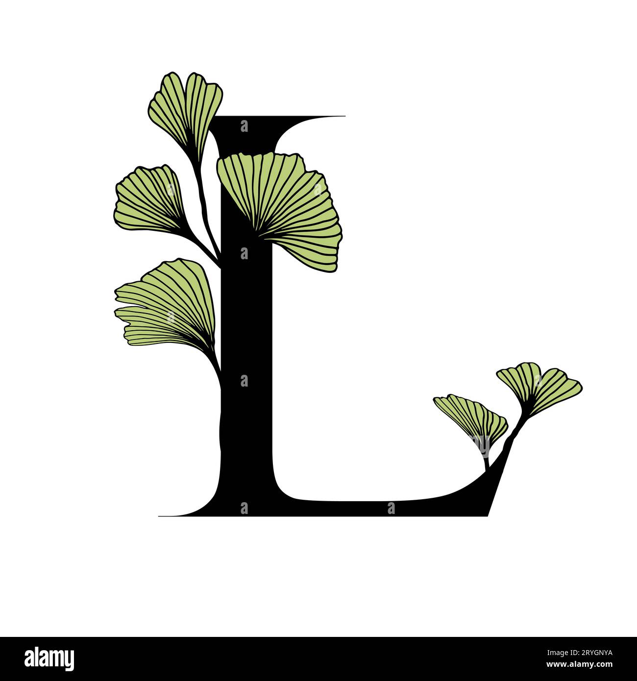Ginkgo biloba lascia l'alfabeto L . Distintivo e icona in stile elegante e lineare disegnato a mano. Lettera dell'emblema del logo vettoriale e ramo ginkgo. Illustrazione del cosmo Illustrazione Vettoriale