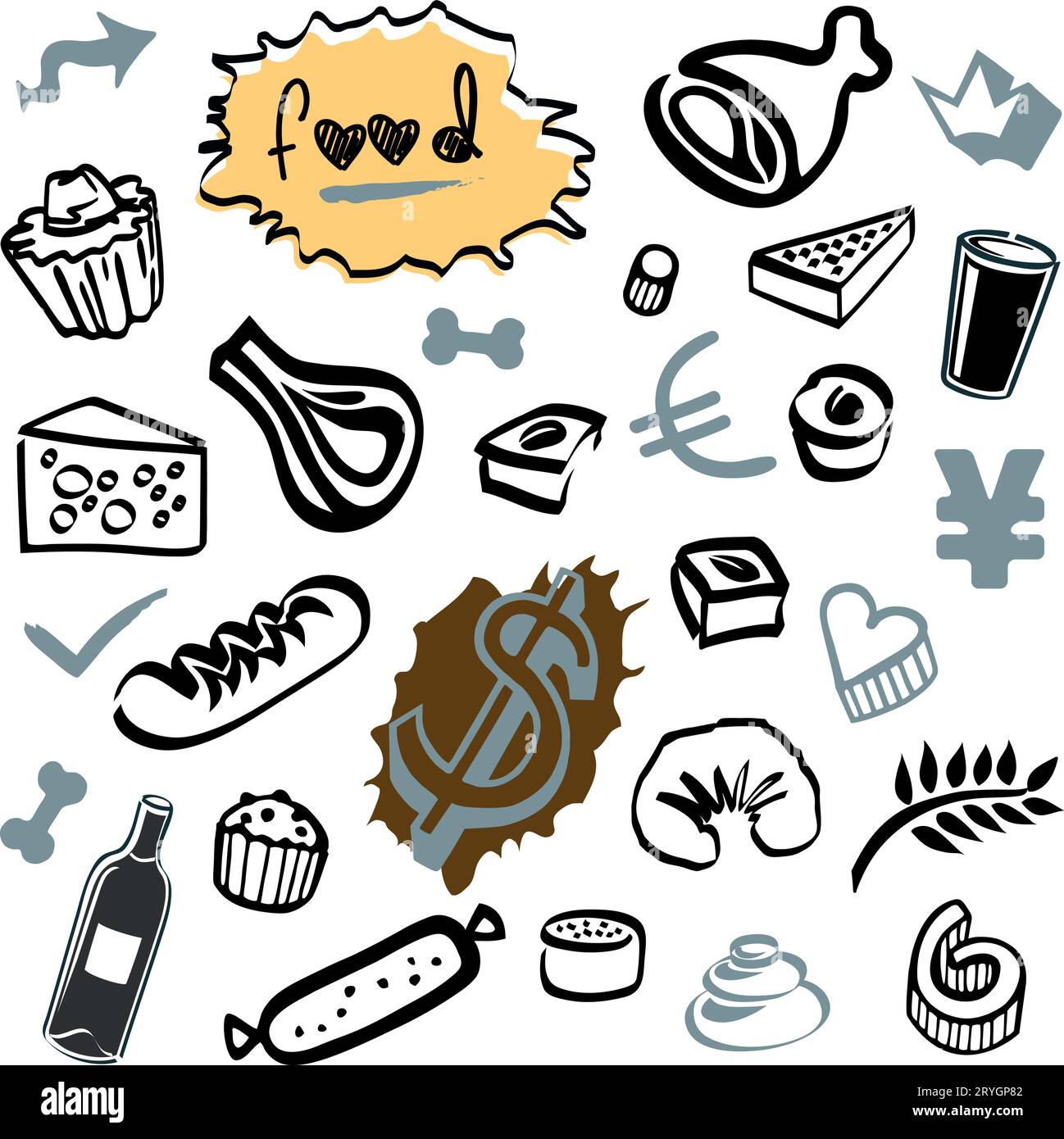 Set di Doodles - elementi alimentari e oggetti bottiglia, vino e pasticcini Illustrazione Vettoriale