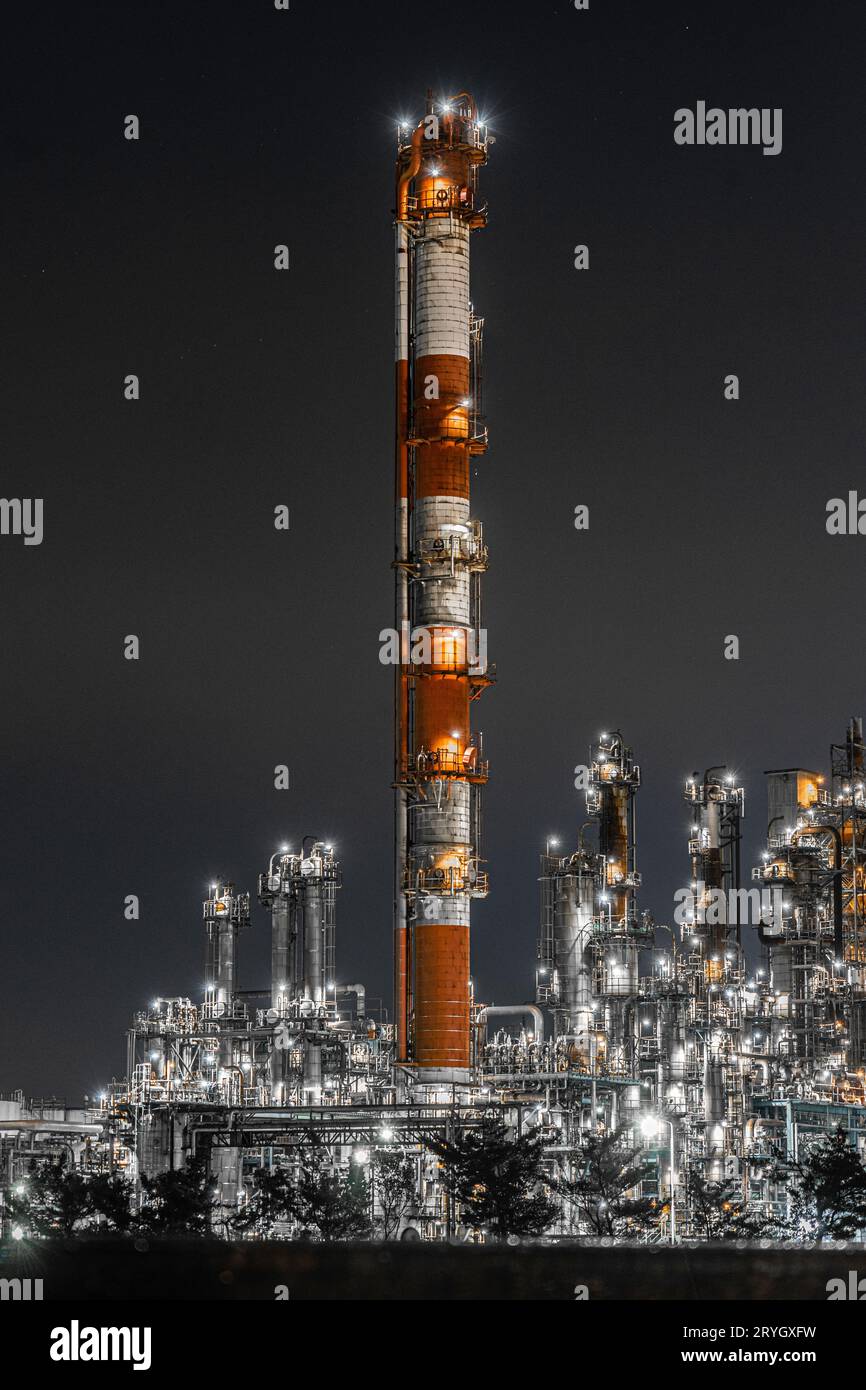 Vista notturna della fabbrica della zona industriale di Kawasaki Keihin Foto Stock