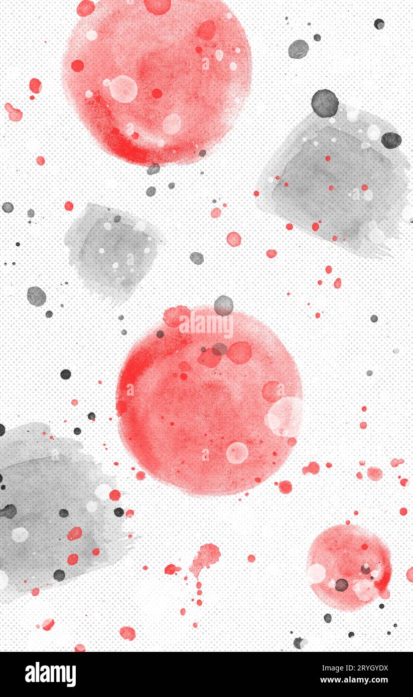 Bianco rosso nero vernice blots acquerello sfondo astratto, sartico sfondo verticale banner artistico Foto Stock
