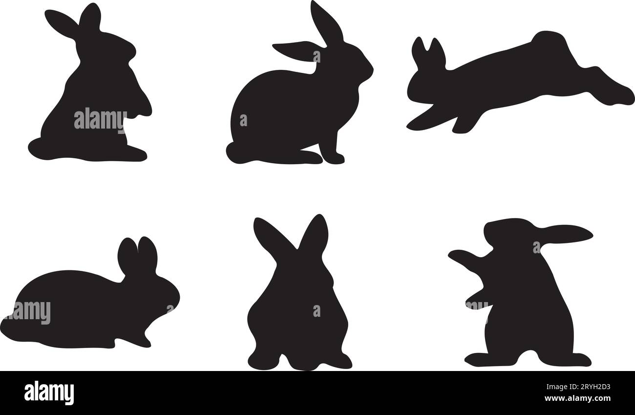 Coniglio in posizioni diverse set di clipart. Collezione Easter Bunny Black silhouette. Isolato su sfondo bianco. Illustrazione vettoriale Illustrazione Vettoriale