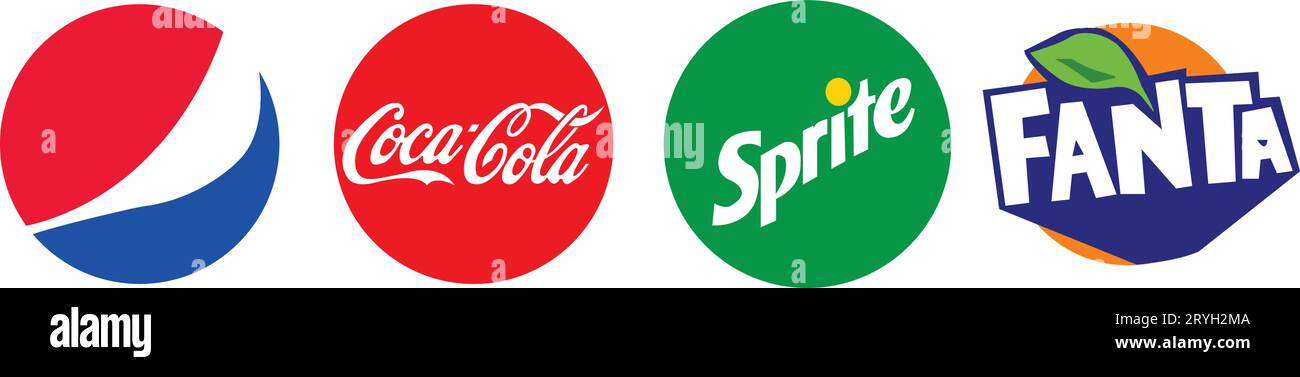 Pepsi, Coca-Cola, Sprite, logo Fanta. Logo del marchio dell'azienda di bevande analcoliche superiore su sfondo trasparente. Editoriale Illustrazione Vettoriale