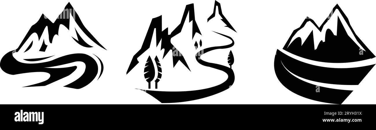 Set di logo con silhouette per icone Mountain Peak. Design di sfondo Hill Luxury per copertina, sfondo invito, design di packaging, tessuto e stampa Illustrazione Vettoriale