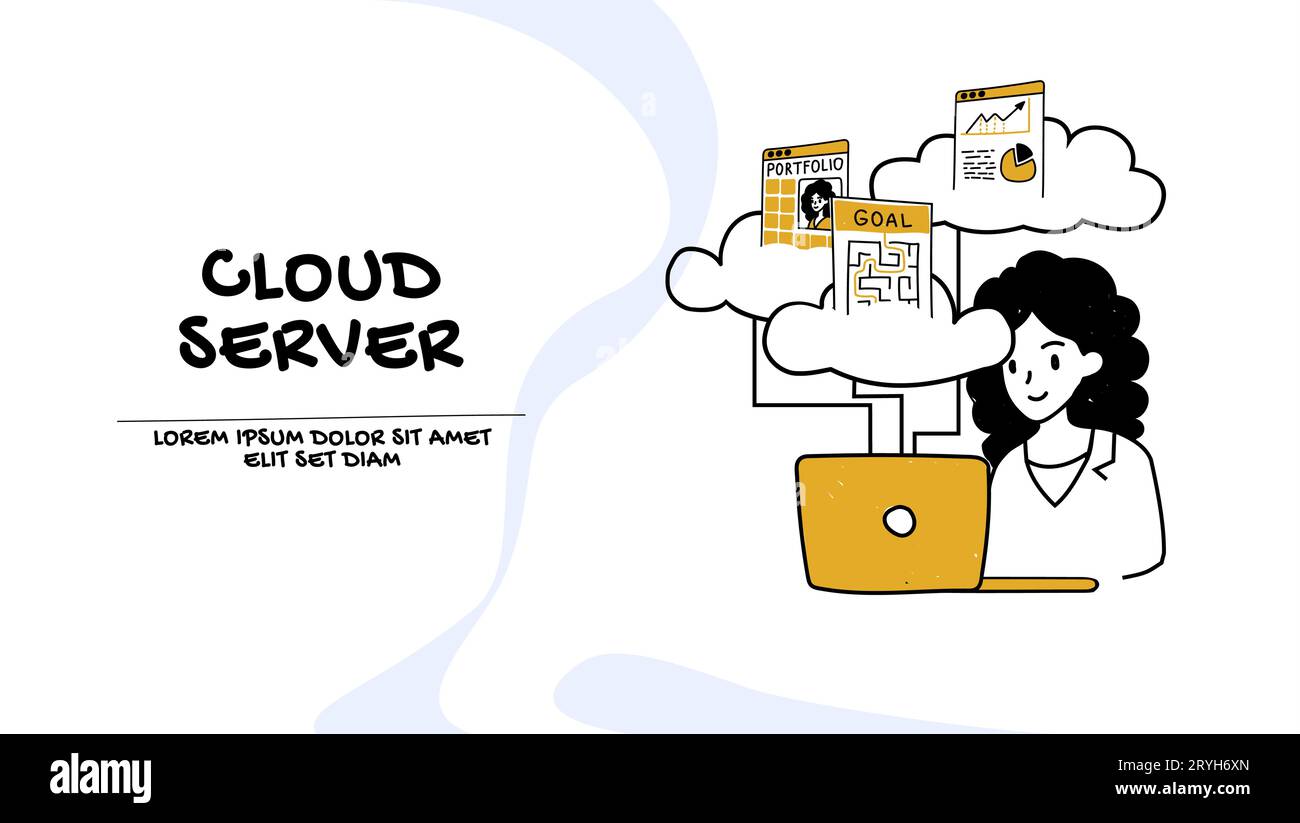 Concetto di server cloud e backup dei dati. Vettore di una giovane donna che lavora su un computer portatile utilizzando servizi cloud Illustrazione Vettoriale
