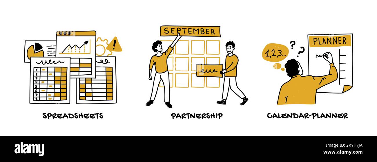 Produttività, gestione del tempo, comunicazione efficace e concetto di reporting dei dati Illustrazione Vettoriale