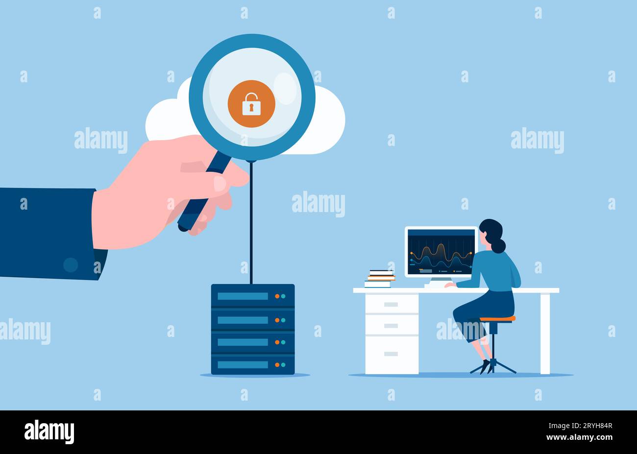 Concetto di sicurezza e rischi per lo storage cloud e i server cloud Illustrazione Vettoriale