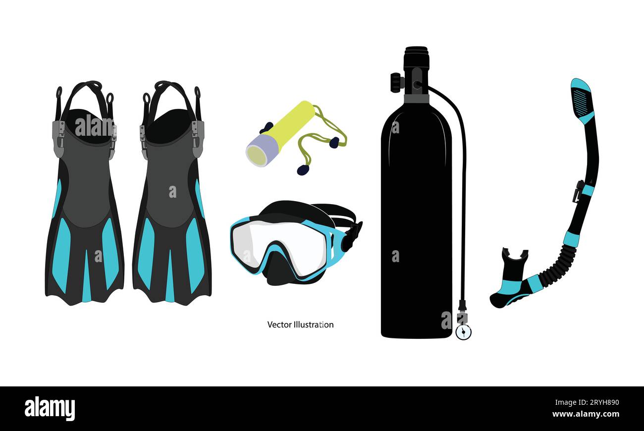 Attrezzatura per immersioni subacquee maschere per snorkeling, strumenti per immersioni subacquee di diverso design, isolati su sfondo bianco, icone, illustrazione vettoriale. Illustrazione Vettoriale