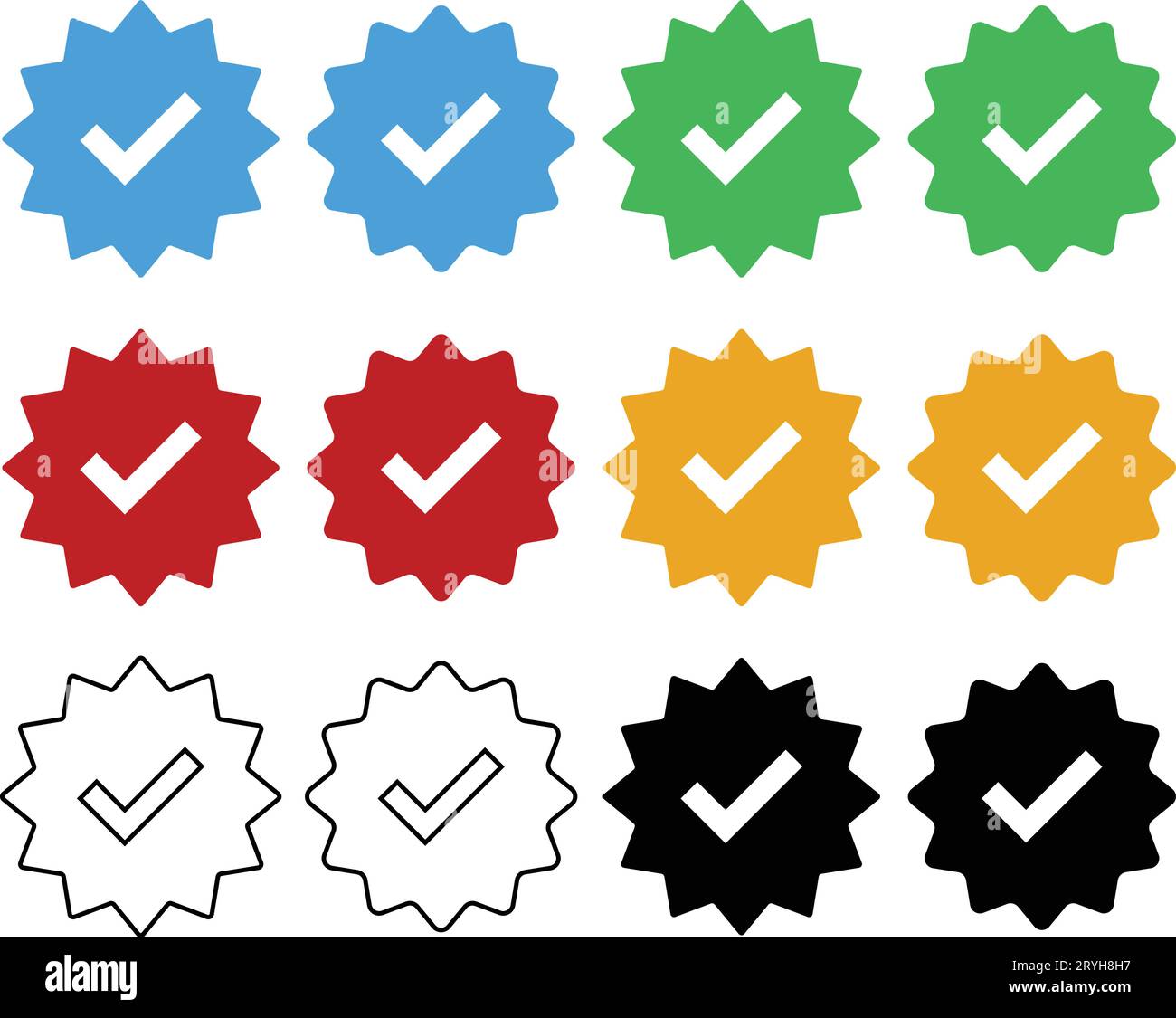 Segno di spunta impostato. Icona del badge verificato con segno di spunta blu verde rosso giallo e linea nera. Firma profilo approvata. Spuntare la stella degli angoli arrotondati. Ufficio sui social media Illustrazione Vettoriale
