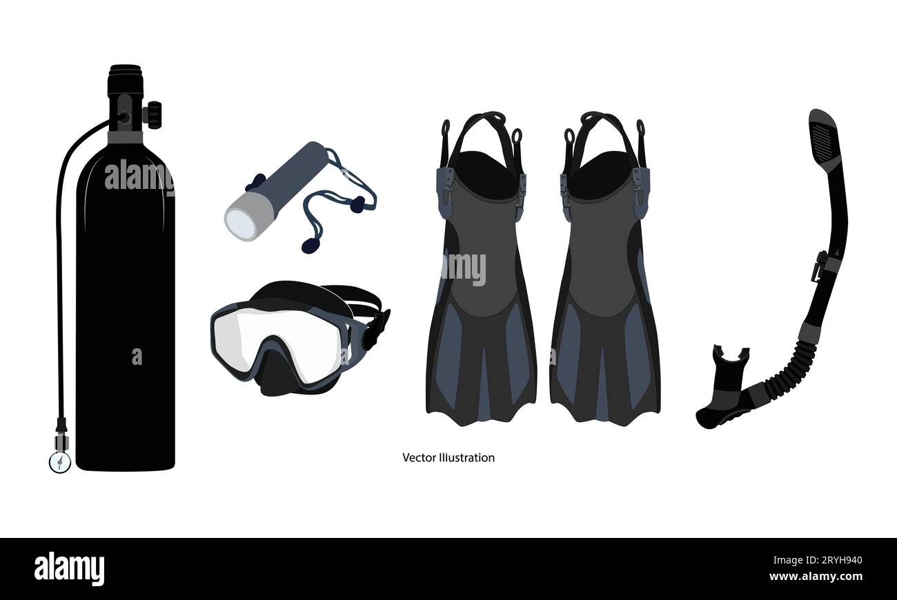 Attrezzatura per immersioni subacquee maschere per snorkeling, strumenti per immersioni subacquee di diverso design, isolati su sfondo bianco, icone, illustrazione vettoriale. Illustrazione Vettoriale