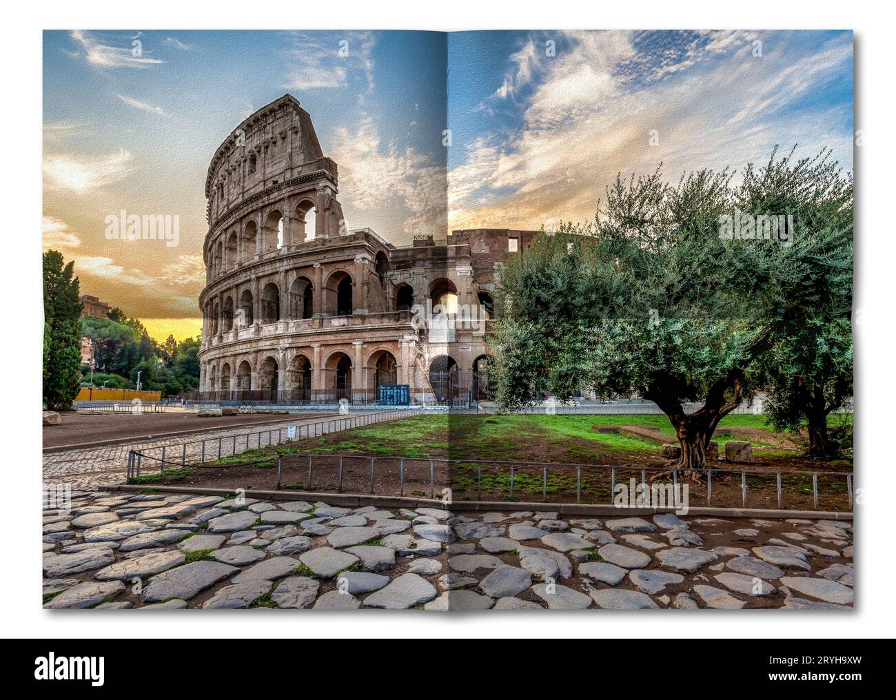 Italia, Roma - tramonto dietro il Colosseo, il più famoso punto di riferimento turistico romano. Foto Stock
