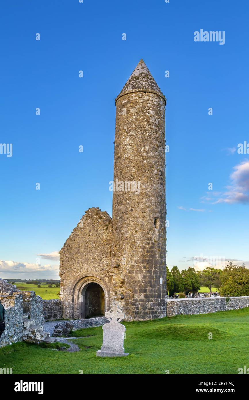 Abbazia di Clonmacnoise, Irlanda Foto Stock
