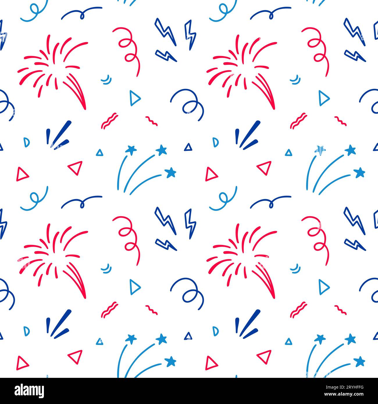 4 luglio USA Independence Day modello senza cuciture. Bandiera americana blu, rosso e bianco. 14 luglio felice festa nazionale della Francia fuochi d'artificio Illustrazione Vettoriale