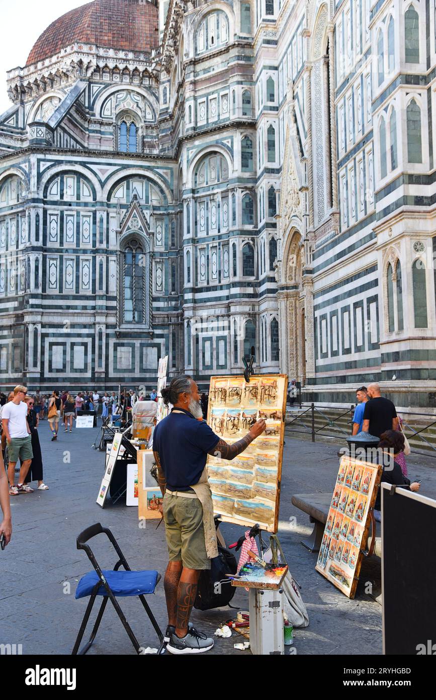 Firenze, Italia. 17 settembre 2023. Gli artisti creano dipinti per turisti a Firenze. Foto di alta qualità Foto Stock