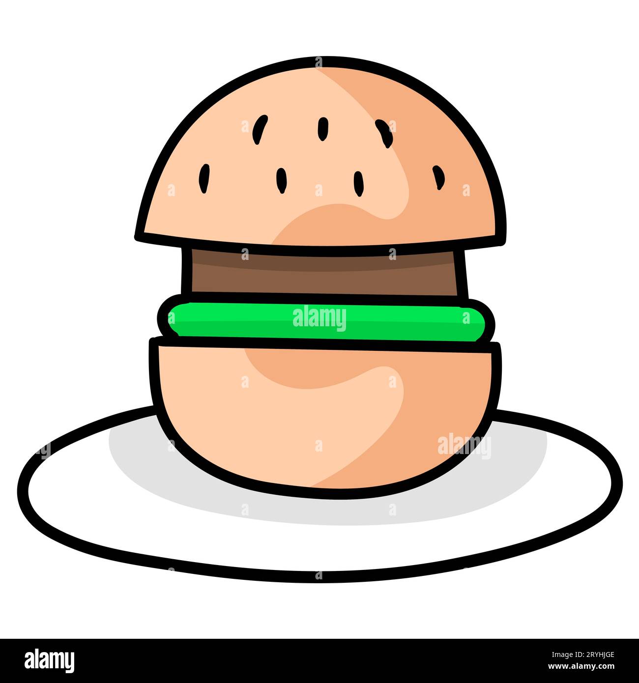 ampia porzione di hamburger su un piatto. emoticon dei cartoni animati. disegno icona doodle, illustrazione vettoriale Foto Stock