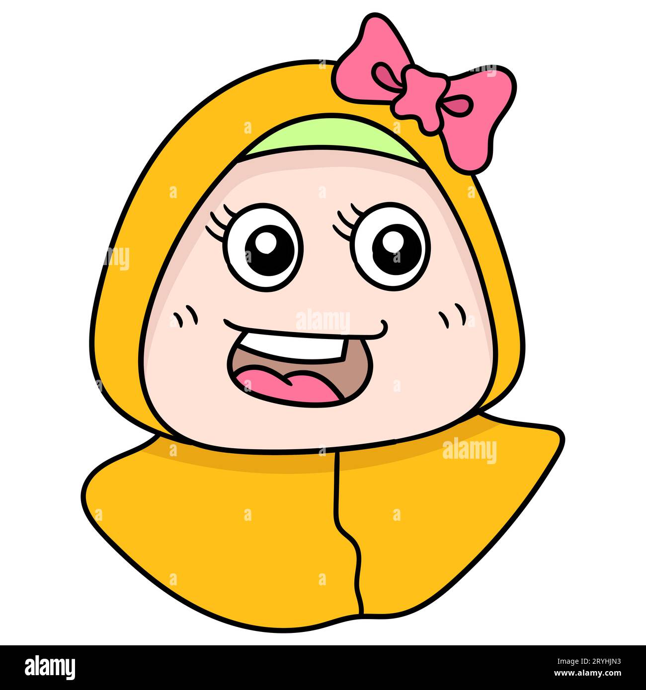 La testa di una bella ragazza sorridente che indossa un hijab musulmano, un'emoticon di cartone con illustrazione vettoriale. disegno icona doodle Foto Stock