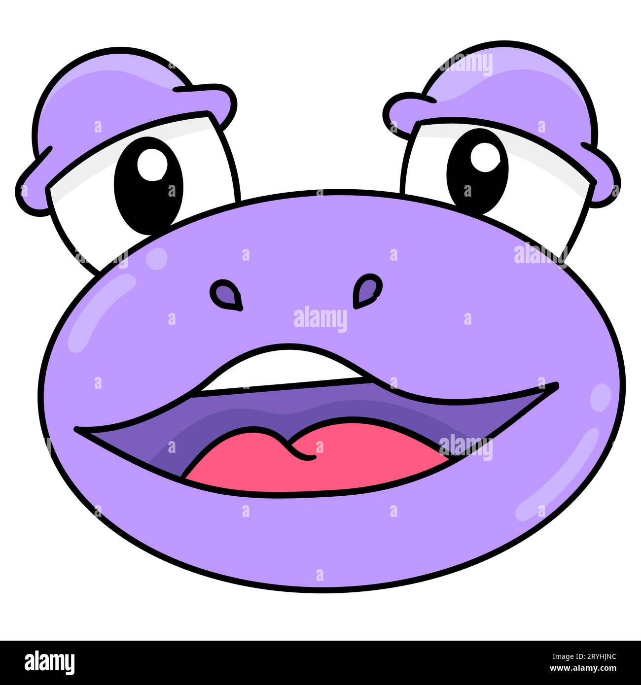 testa di rana viola con una faccia di innocenza assonnata, emoticon di cartone con illustrazione vettoriale. disegno icona doodle Foto Stock