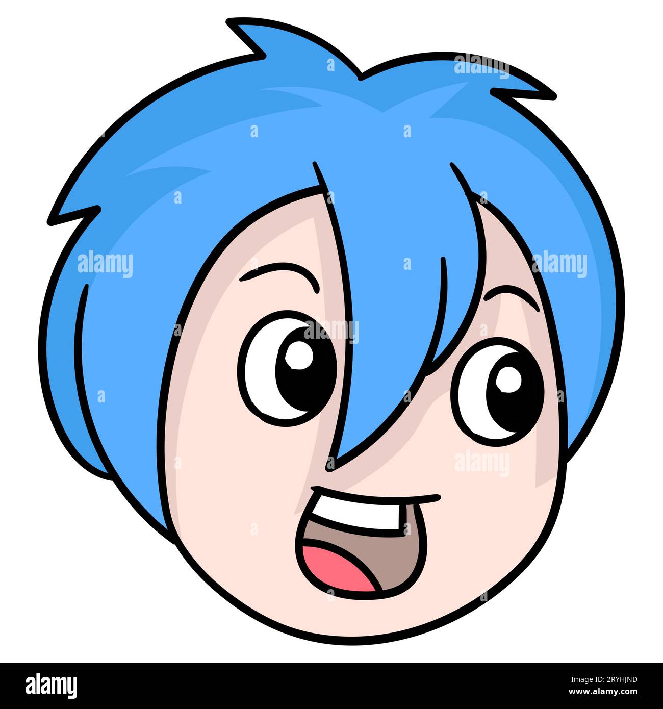 testa di ragazza dai capelli blu corta con un volto sorpreso, emoticon di cartone con illustrazione vettoriale. disegno icona doodle Foto Stock