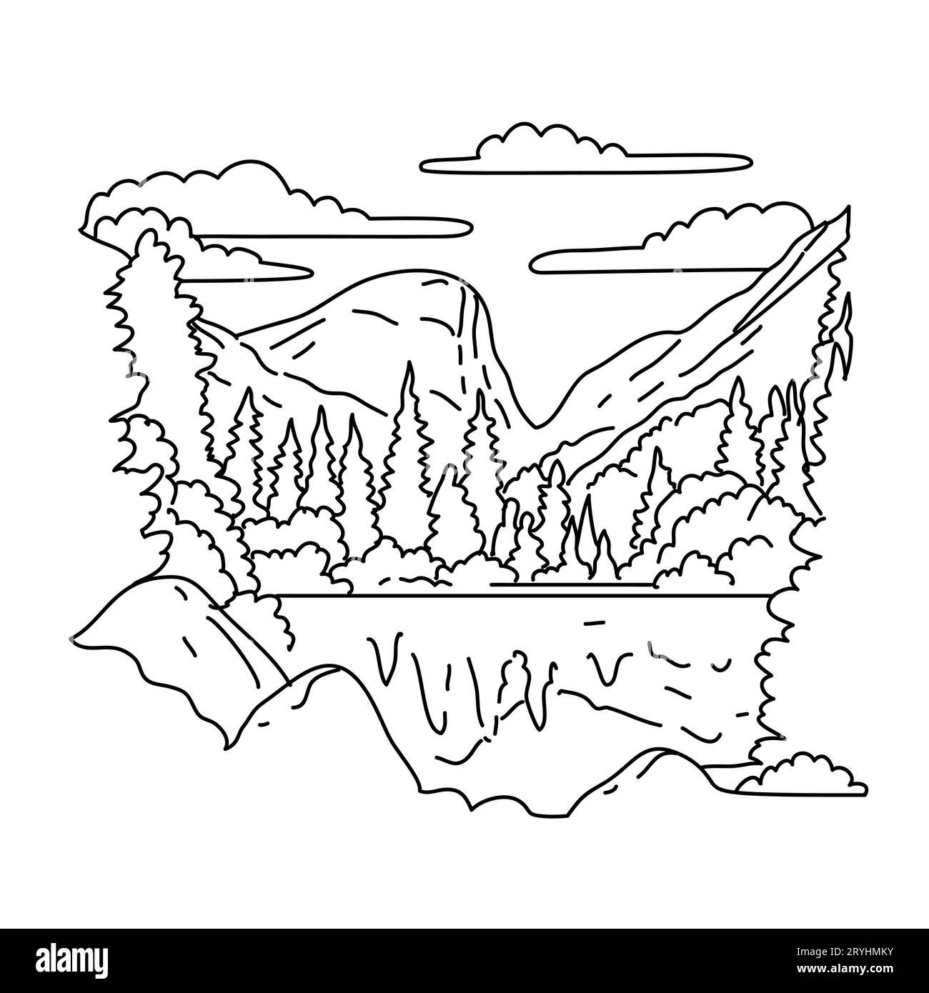 Mirror Lake Trail nel Yosemite National Park California Monoline Line Art Drawing Foto Stock