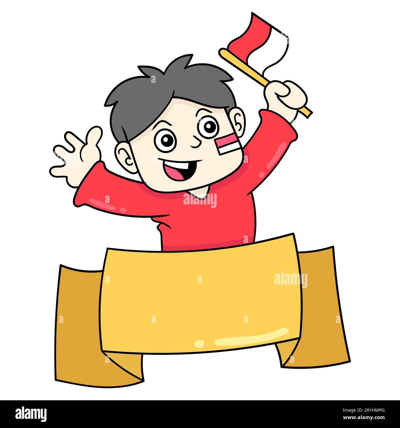l'uomo modello di banner per la celebrazione dell'indipendenza indonesiana è felice, illustrazione vettoriale. immagine icona doodle kawaii. Foto Stock
