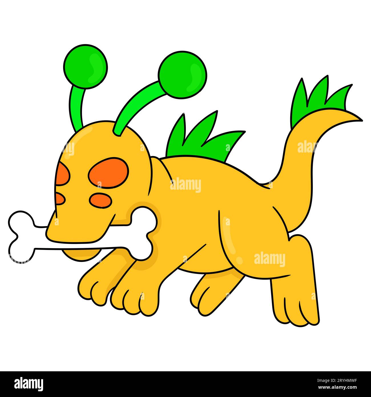 il cane alieno sta eseguendo osso, illustrazione vettoriale. immagine icona doodle kawaii. Foto Stock