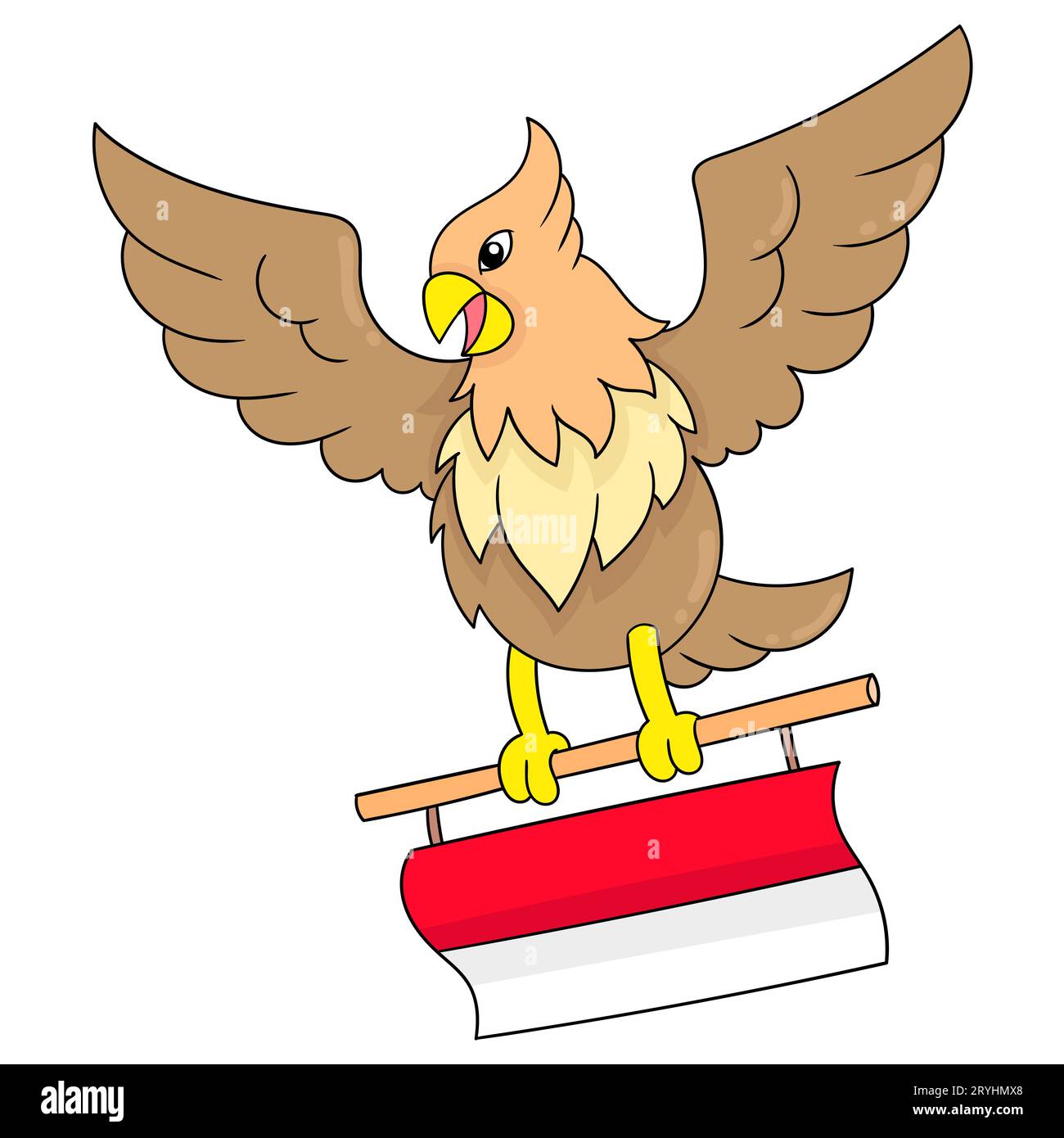 Garuda, il simbolo dello stato indonesiano, vola con la bandiera rossa e bianca, illustrazione vettoriale. Immagine icona doodle kawaii. Foto Stock