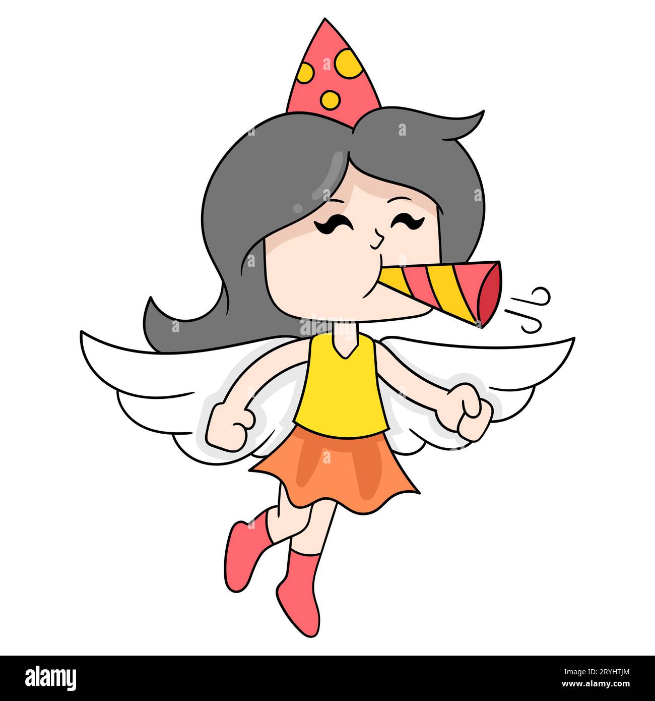 La bella fata femminile vola soffiando la tromba di Capodanno, illustrazione vettoriale. Immagine icona doodle kawaii. Foto Stock