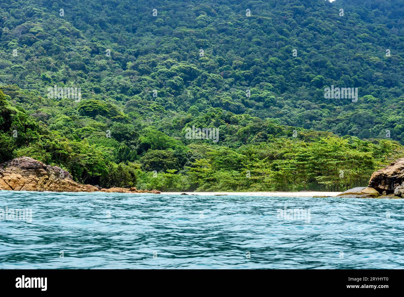 Spiaggia deserta nascosta tra la foresta pluviale e le rocce Foto Stock