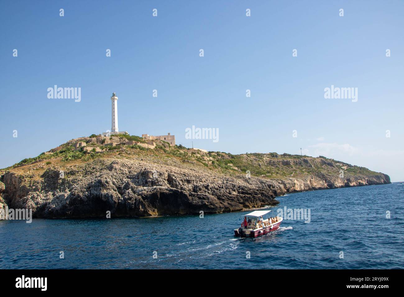 Il faro di Punta Meliso a Santa Maria di Leuca, regione Puglia, Italia Foto Stock