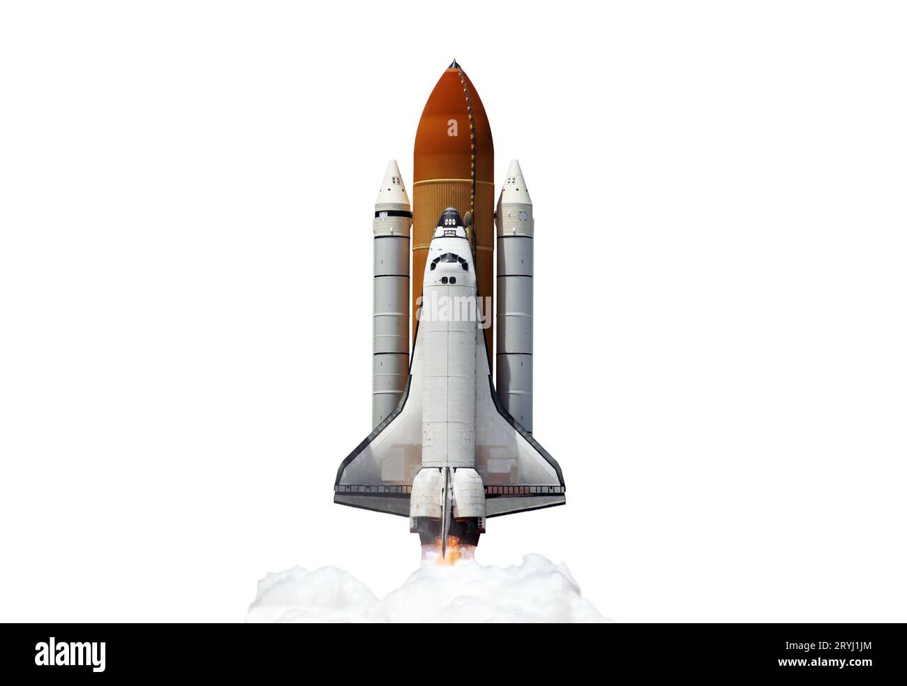 Lancio dell'astronave Shuttle isolato su sfondo bianco. Elementi di questa immagine forniti dalla NASA Foto Stock