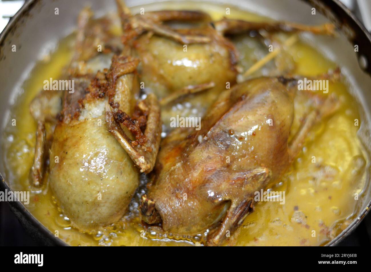 Friggere e arrostire i piccioni farciti con riso bianco o mahshi Hamam, bolliti fino alla cottura, quindi arrostiti, fritti in olio caldo o grigliati, piccioni ripieni Foto Stock