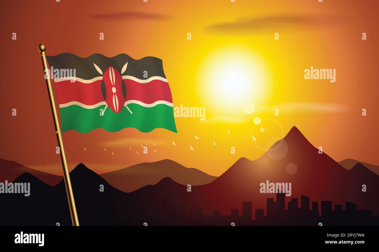 Bandiera del Kenya con sfondo al tramonto di montagne e laghi Illustrazione Vettoriale
